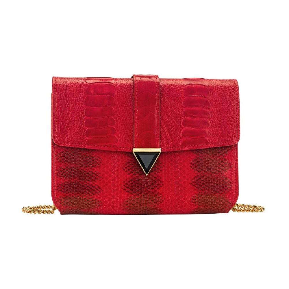 Snakeskin and Ostrich Crossbody Bag - Red